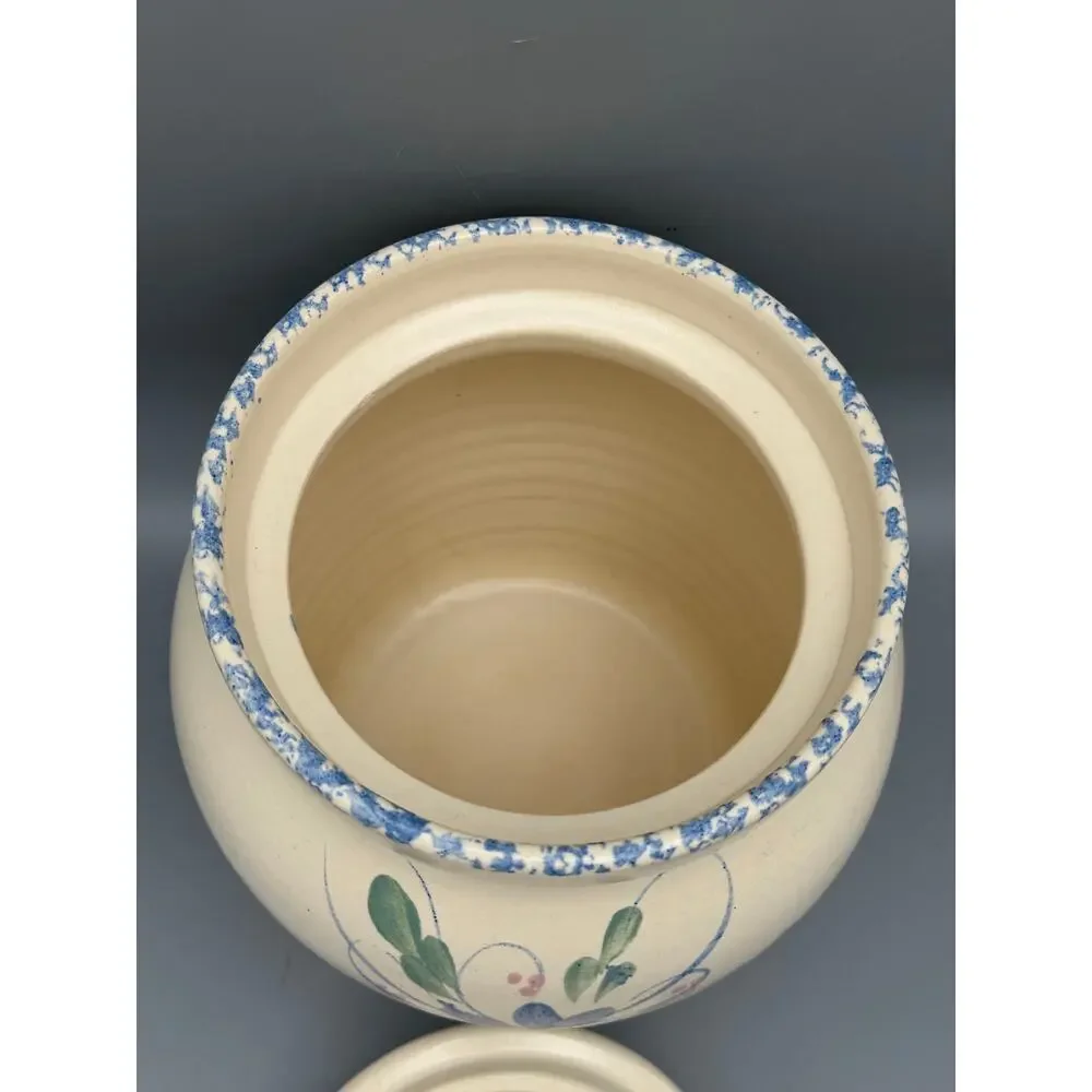 Marshall Pottery Texas Blue Floral Stoneware Lidded Crock Canister 8